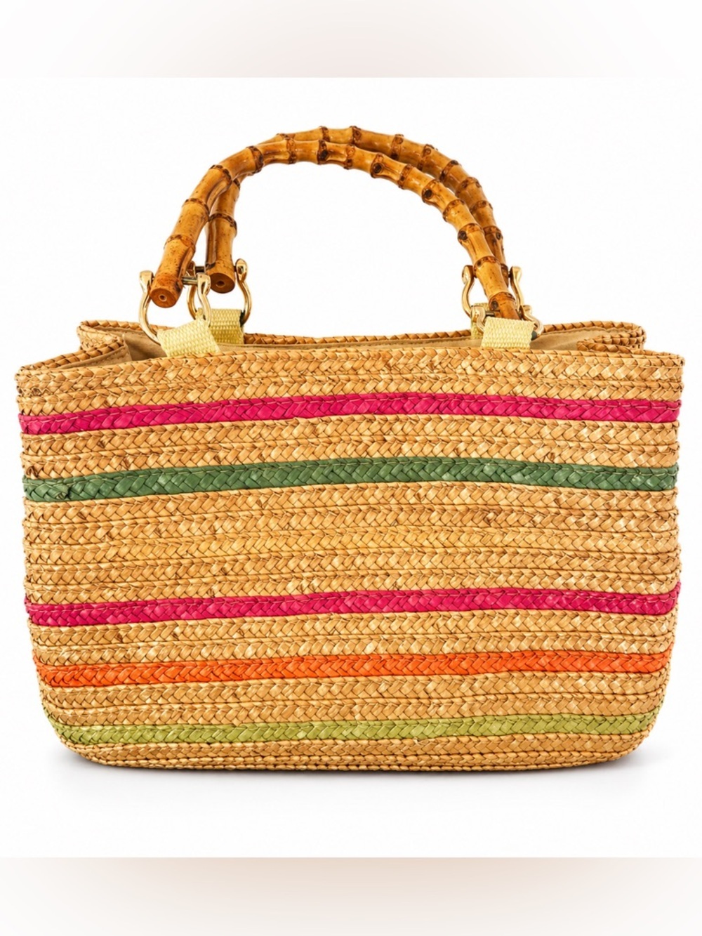 Woven Wheat Straw Handbag Bamboo Handles Boho Beach Tote Multicolor 15x7